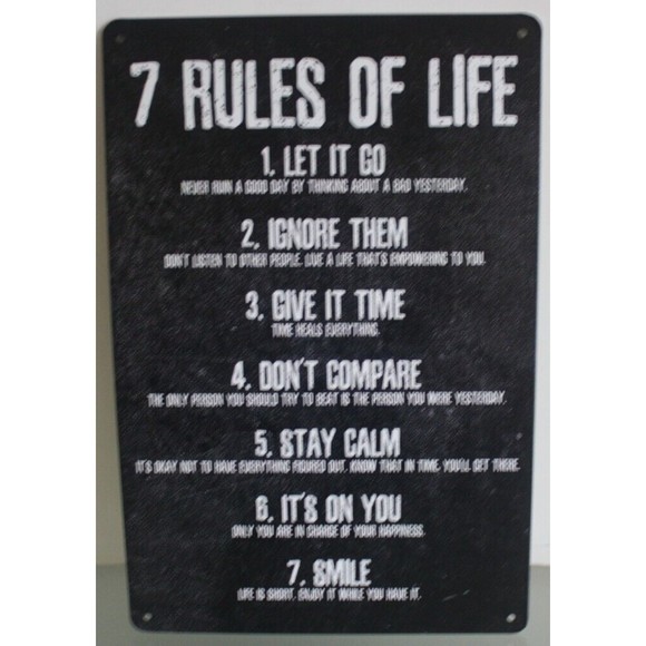 Inspirational Quote Metal Tin Sign Wall Decor 7 Rules of Life Motivational 8x12" - Picture 2 of 2